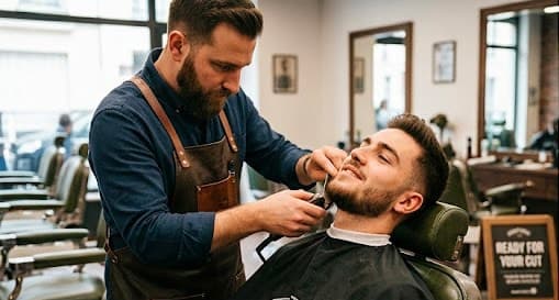 Barbier finalisant une taille de barbe, moment où l'avis Google est demandé au client