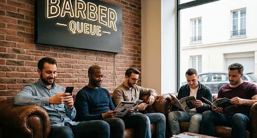 Clients patientant confortablement dans un salon de coiffure sans rendez-vous équipé de Barber Q PRO