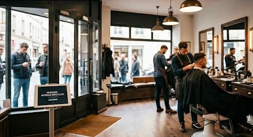 Écran affichant le QR code du ticket digital Barber Q PRO à l'entrée d'un salon