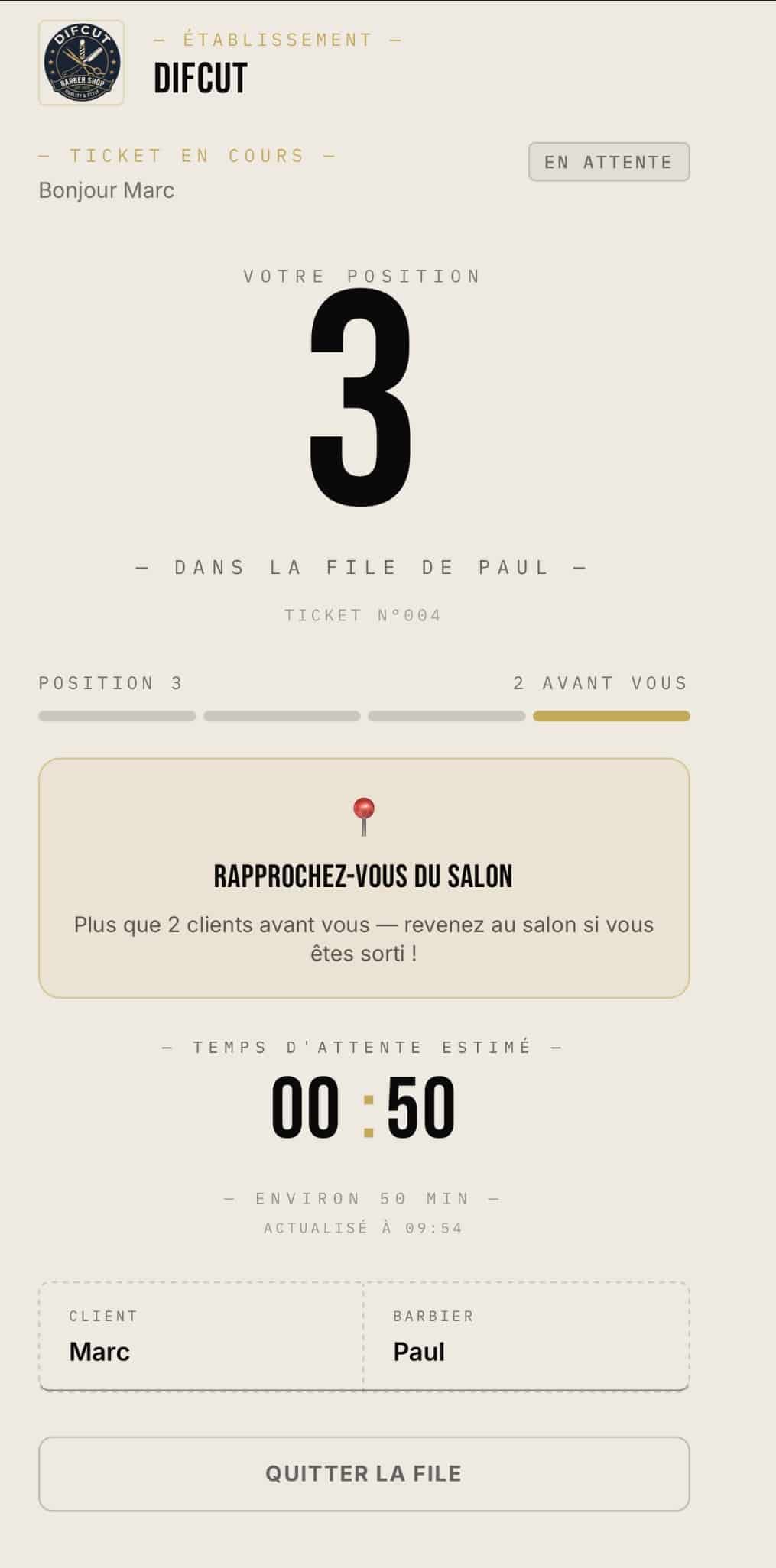 Écran mobile affichant la position dans la file et le temps d'attente estimé